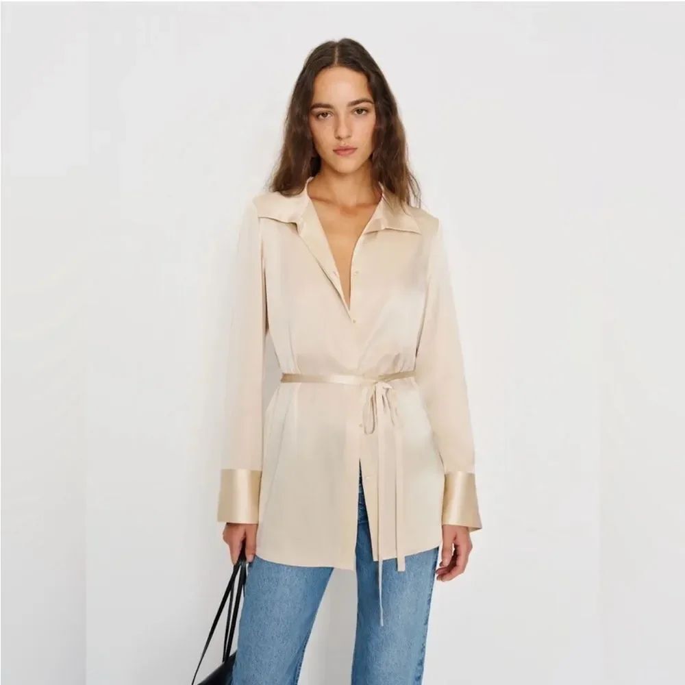 new Reformation Camilla silk belted blouse in almond